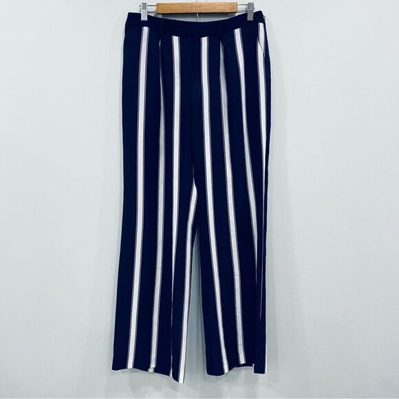 ADRIANNA PAPELL 6 Navy Blue Vertical Stripes Railroad Wide Leg Baggy Trousers - Picture 3 of 15